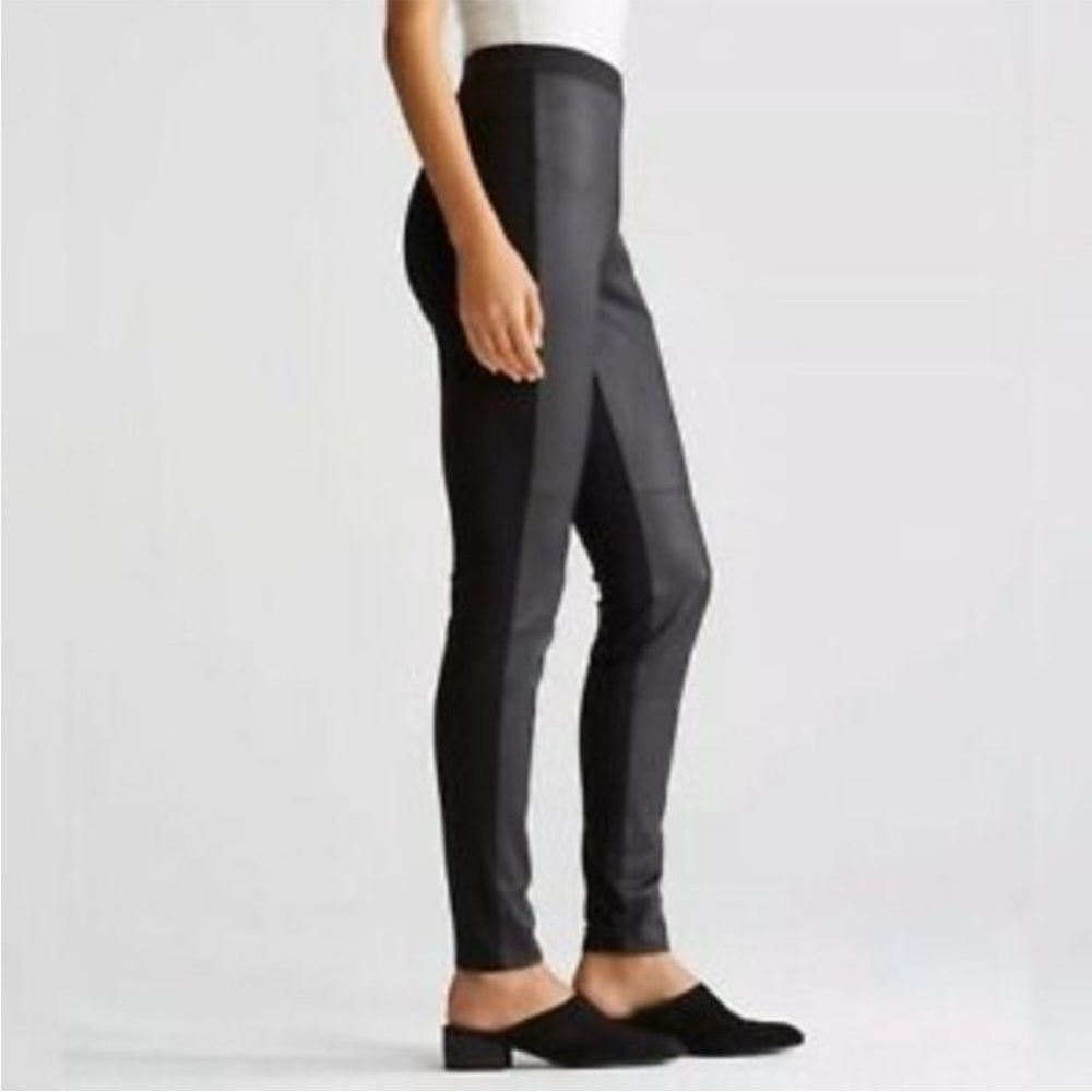 Eileen Fisher Black Lamb Leather Panel Leggings / Pants Viscose Ponte Size Small